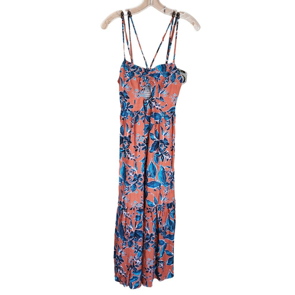 JASON WU Linen Blend Tropical Floral Midi Dress Burnt Orange Teal XS - Picture 2 of 5
